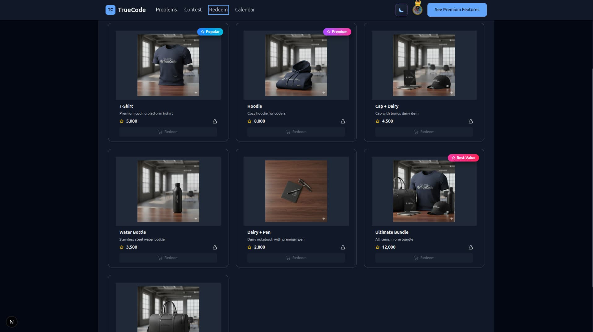 TrueCode rewards store with merchandise products