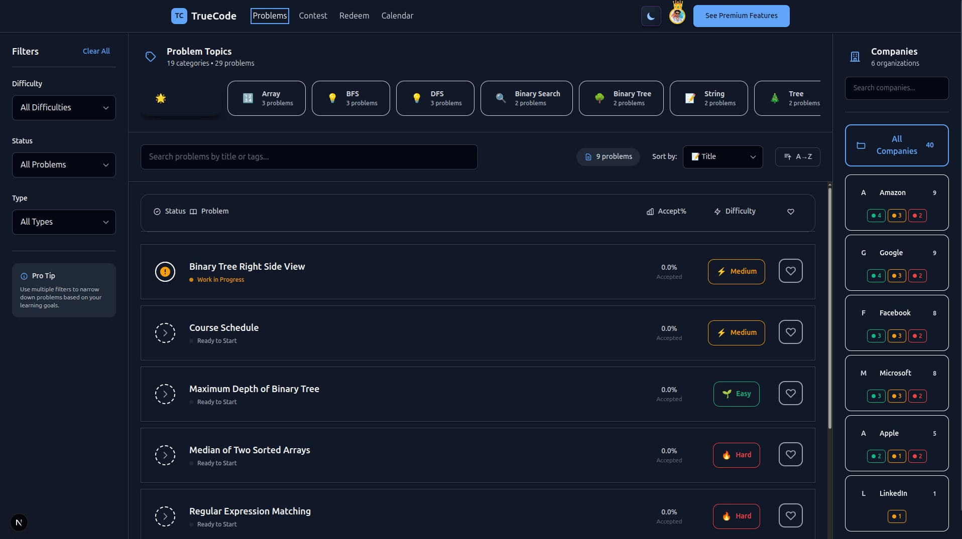 TrueCode Problems Page with advanced filtering options